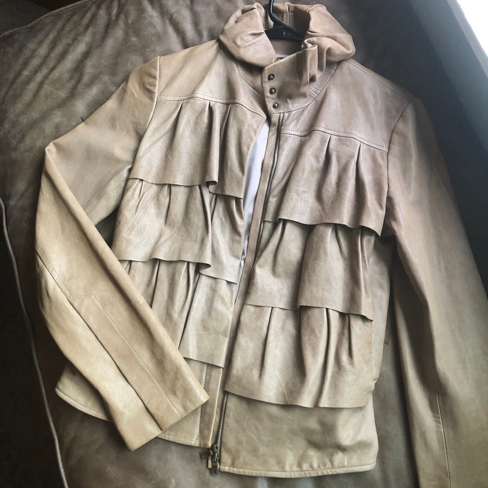 Diane Von Furstenburg Leather Cupcake Ruffle Bomber Jacket